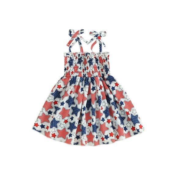 vera natura Toddler Girl 4th of July Dress, Star Print Sleeveless Dress Spaghetti Strap A-Line Dress for Summer
