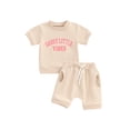 thumbnail image 1 of vera natura Toddler Girls 2PCS Shorts Sets Short Sleeve Letter Print Tops Solid Color Shorts Sets, 1 of 9