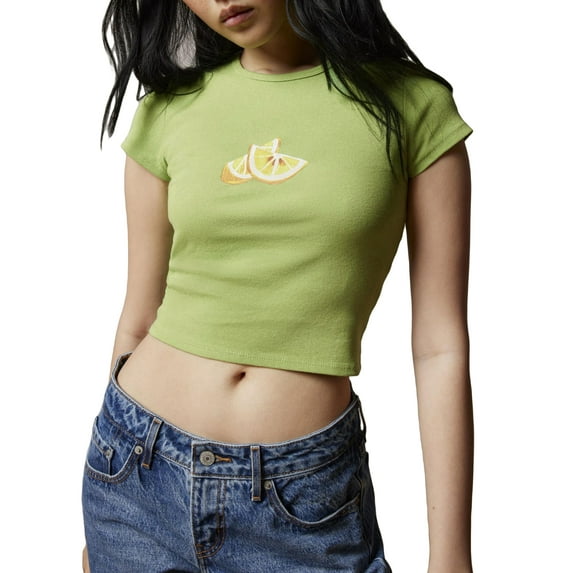 vera natura Women Crop Tops Cake/Lemon/Fish Print Short Sleeve Round Neck Casual T-Shirts Summer Slim Fit Shirts Streetwear Green S