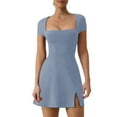 thumbnail image 1 of vera natura Women Mini Dress Solid Color Square Neck Short Sleeve A-line Dress Fashion Summer Slit Dress, 1 of 4
