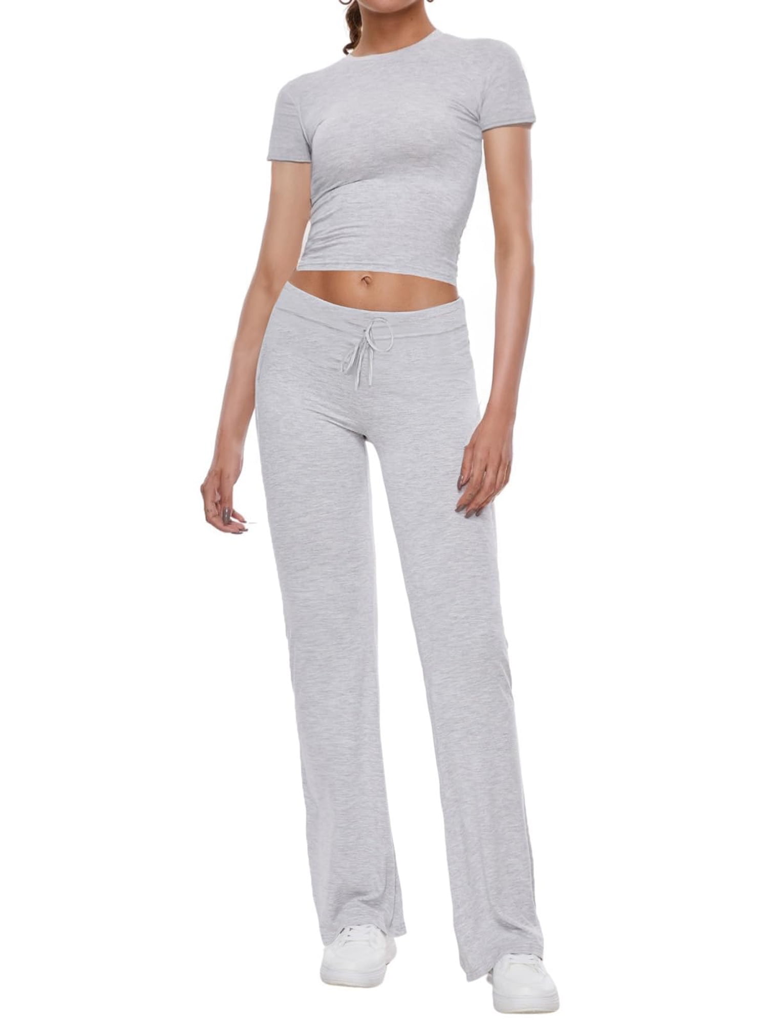 vera natura Women Summer Pants Outfits Solid Color Short Sleeve T-Shirts Tops Drawstring Long Trousers 2 Pieces Clothes Set Gray S