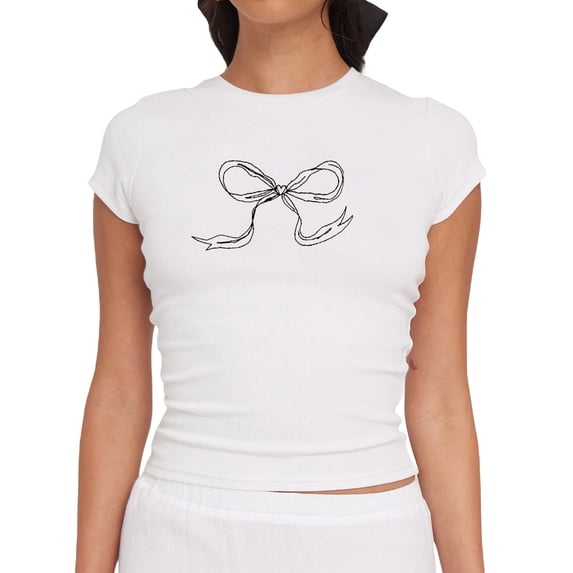 vera natura Women's Crew Neck Cropped Tops Short Sleeve Bow/Floral/Cocktail Glass Print Slim Fit Baby Tees Streetwear