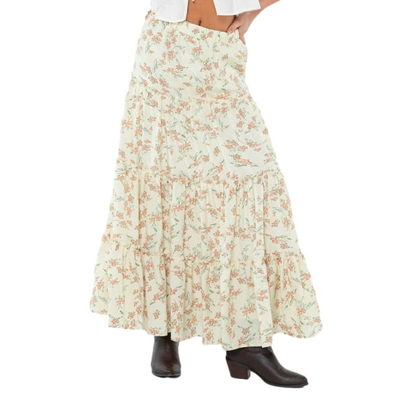 vera natura Women's Long Skirts Floral Print/Solid Color Elastic Waist Skirts Spring Summer Big Swing Loose Casual Skirts Apricot S