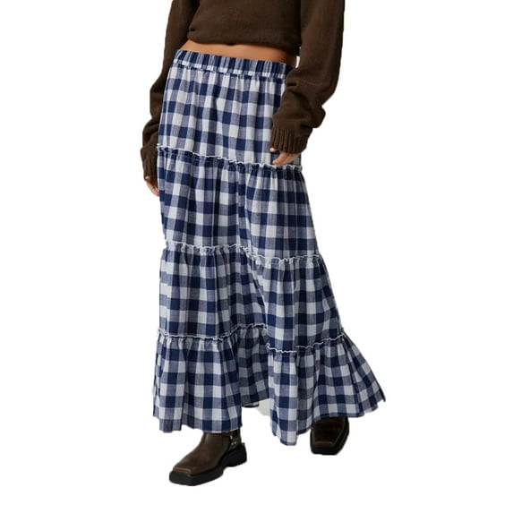 vera natura Women's Plaid Skirt Vintage Loose Fitting Elastic Waist Ruffled Tiered Long Skirt Blue S