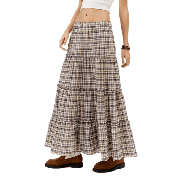 vera natura Women's Plaid Skirt Vintage Loose Fitting Elastic Waist Ruffled Tiered Long Skirt