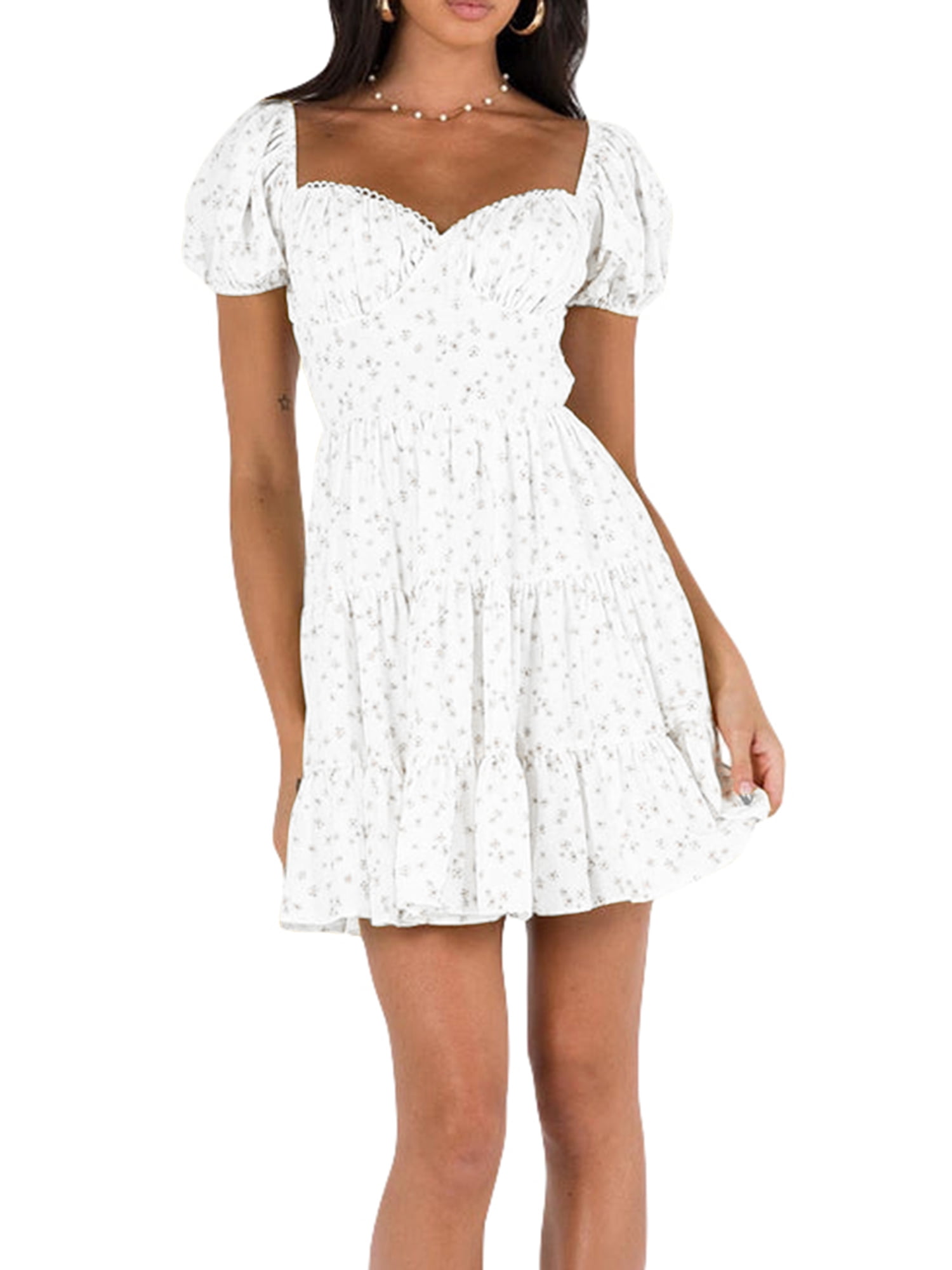 vera natura Women's Summer A-Line Swing Dress Floral Print Short Puff  Sleeve Sweetheart Neck Back Tie-Up Mini Dress - Walmart Business Supplies