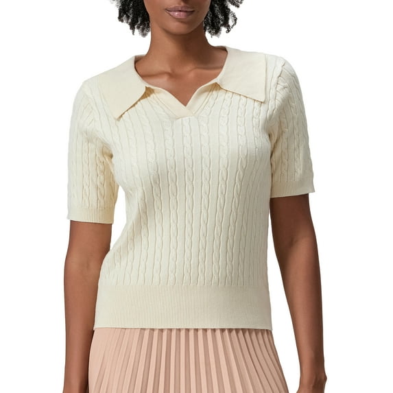 vera natura Women's Summer Cable Knit Tops Solid Color Short Sleeve Lapel V Neck Slim T-Shirt