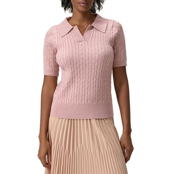 vera natura Women's Summer Cable Knit Tops Solid Color Short Sleeve Lapel V Neck Slim T-Shirt