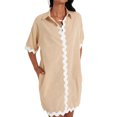 thumbnail image 1 of vera natura Women's Summer Shirt Dress Contrast Trim Ric Rac Short Sleeve Turn-Down Collar Loose Dress, 1 of 8
