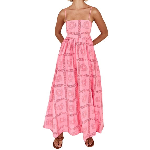 vera natura Women's Summer Spaghetti Strap Dress Fashion Print Square-Neck Back Cutout Long Dress for Beach