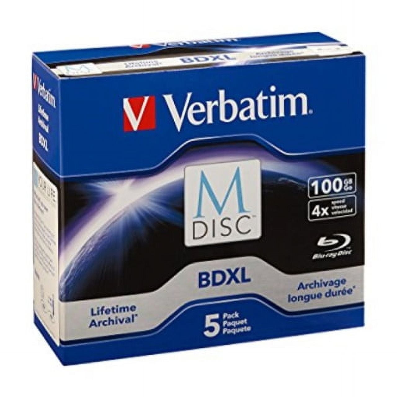 Verbatim 98913 M-Disc BDXL 100GB 4X with Branded Surface – 5pk Jewel Case Box, Blue