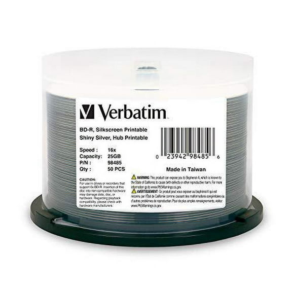 verbatim bd-r 25gb 16x shiny silver silk screen printable, hub printable - 50pk spindle