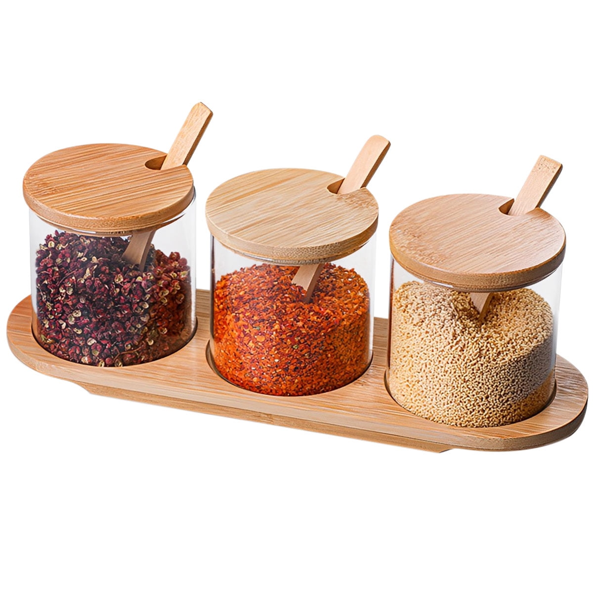 verlacod 6 Pcs Condiment Jar with Bamboo Lid Glass Seasoning Container with  Spoon Tray Glass ,Reusable Heat Resistant Washable Seasoning Storage Jar