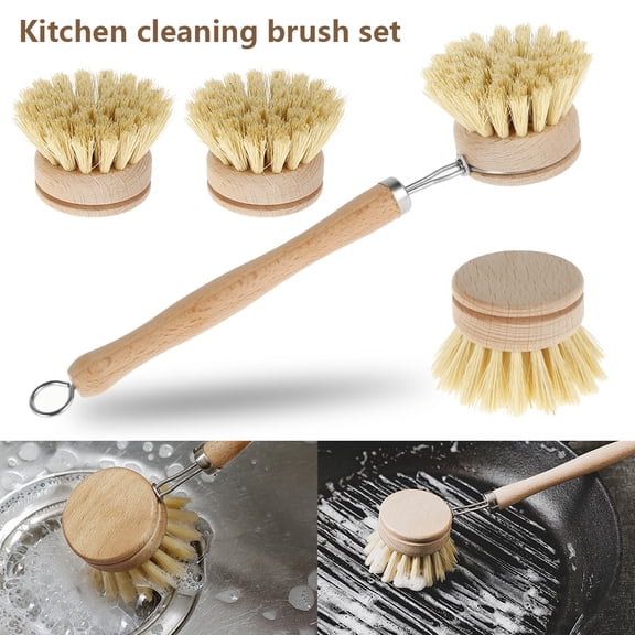 verlacod Natural Long Handle Wooden Kitchen Dish Brush Set, Pan Brush with 4 Replacement Brush Heads Household Kitchen Room Cleaning Supplies for Pans Pots Bowl Kitchen Sink Cleaning
