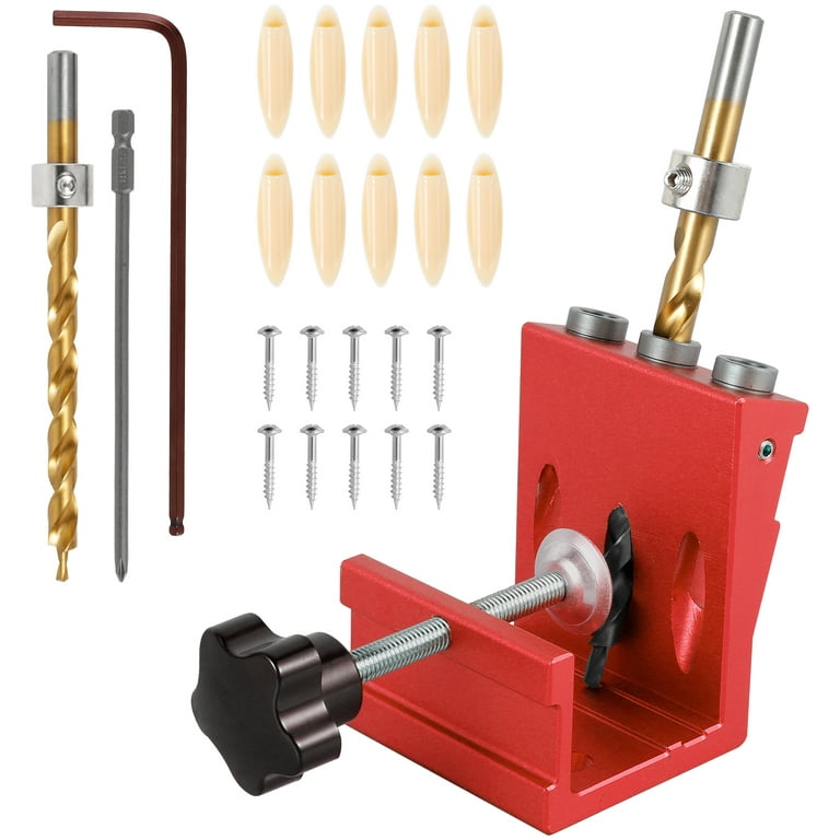 verlacod Pocket Hole Jig Kit Aluminum Alloy 3-Hole Pocket Screw Jig Drill  Guide Portable Precise Woodworking Punch Locator Tool for Wood Drilling，Red  