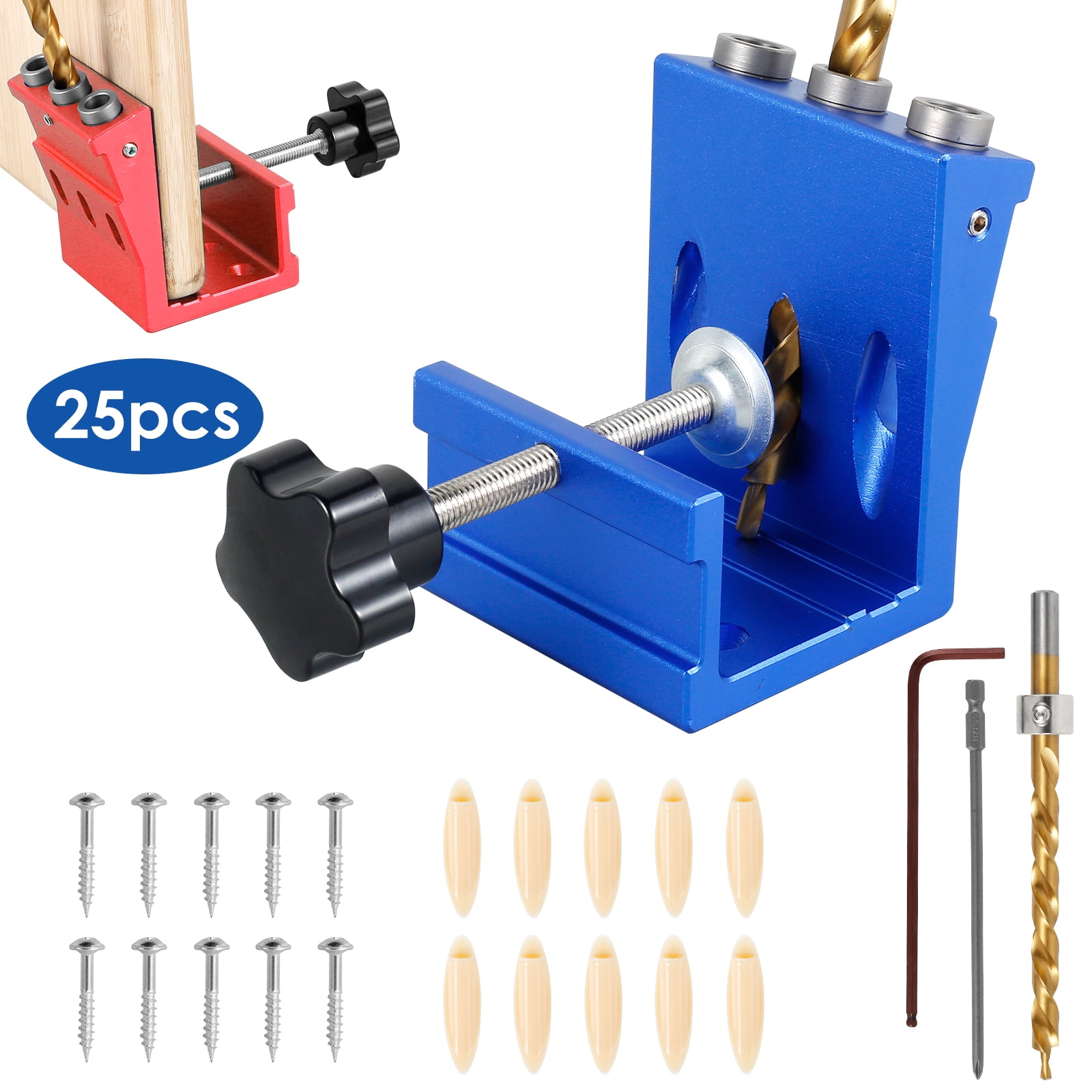 verlacod Pocket Hole Jig Kit Aluminum Alloy 3-Hole Pocket Screw Jig Drill  Guide Portable Precise Woodworking Punch Locator Tool for Wood Drilling，Red  