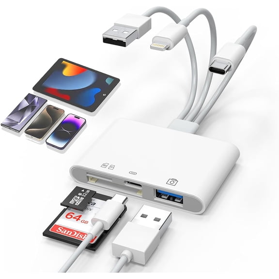 versal SD Card Reader for iPhone/Mac - Upgraded TypeC(Data)+Lightning+USB Three Port SD/TF Memory Card Reader Digital Camera Transfer to Phone Adapter Multi Port 4 in 1 versal SD Card Reader