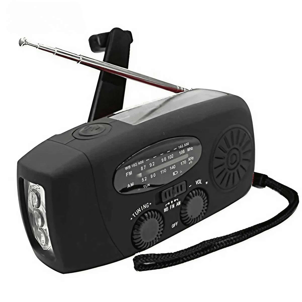 This versatile portable radio features a 2000mAh battery, is powered by a hand crank and solar power, supports USB charging, features FM, AM, WB, NOAA weather radio, and comes with an emergency LED fl