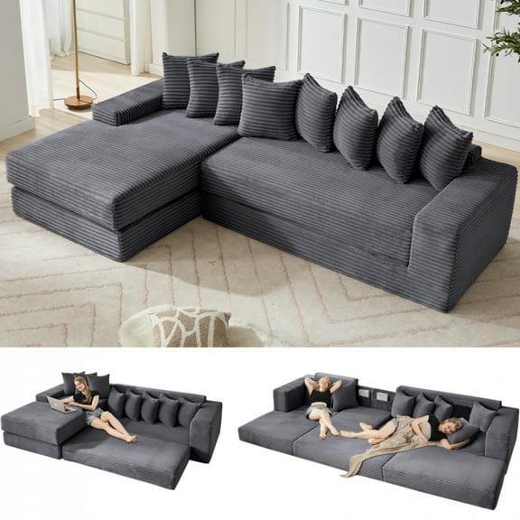 versize Cloud Couch, L-Shape Sofa, Convertible Floor Sleeper Sofa Bed, No Assembly ,Eight pillows,3-in-1,Side Pocket,(Left Facing Sofa),4 Seat,Corduroy,Dark Gray