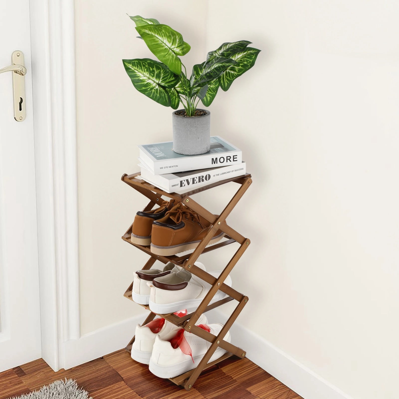 4-Tier Vertical Foldable Shoe Rack, Space-Saving Wood Rack Organizer, No Installation Required, Narrow Design for Entryway, Closet, and Living Room, 21 x 9.5 x 9.5 in Brown