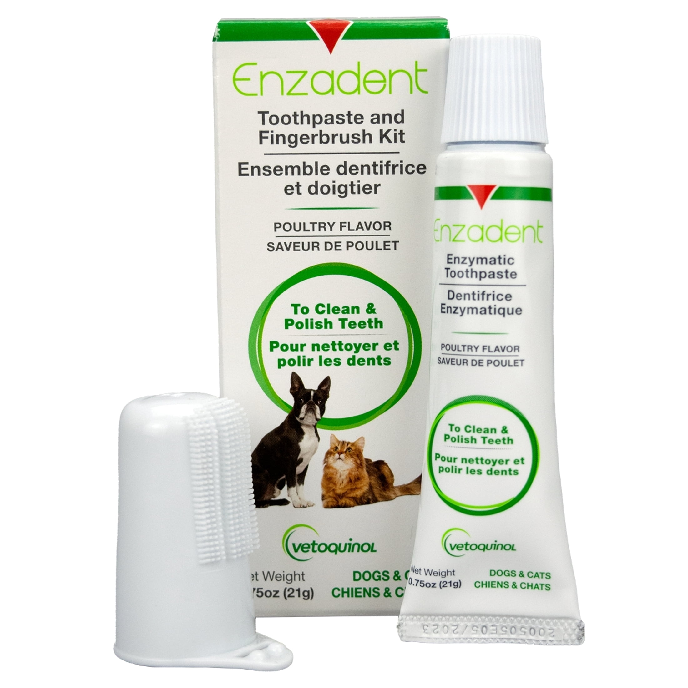 vetoquinol enzadent enzymatic toothpaste kit + fingerbrush for cats & dogs - .75oz, poultry flavor - oral dental care kit: removes plaque, polishes teeth & freshens breath