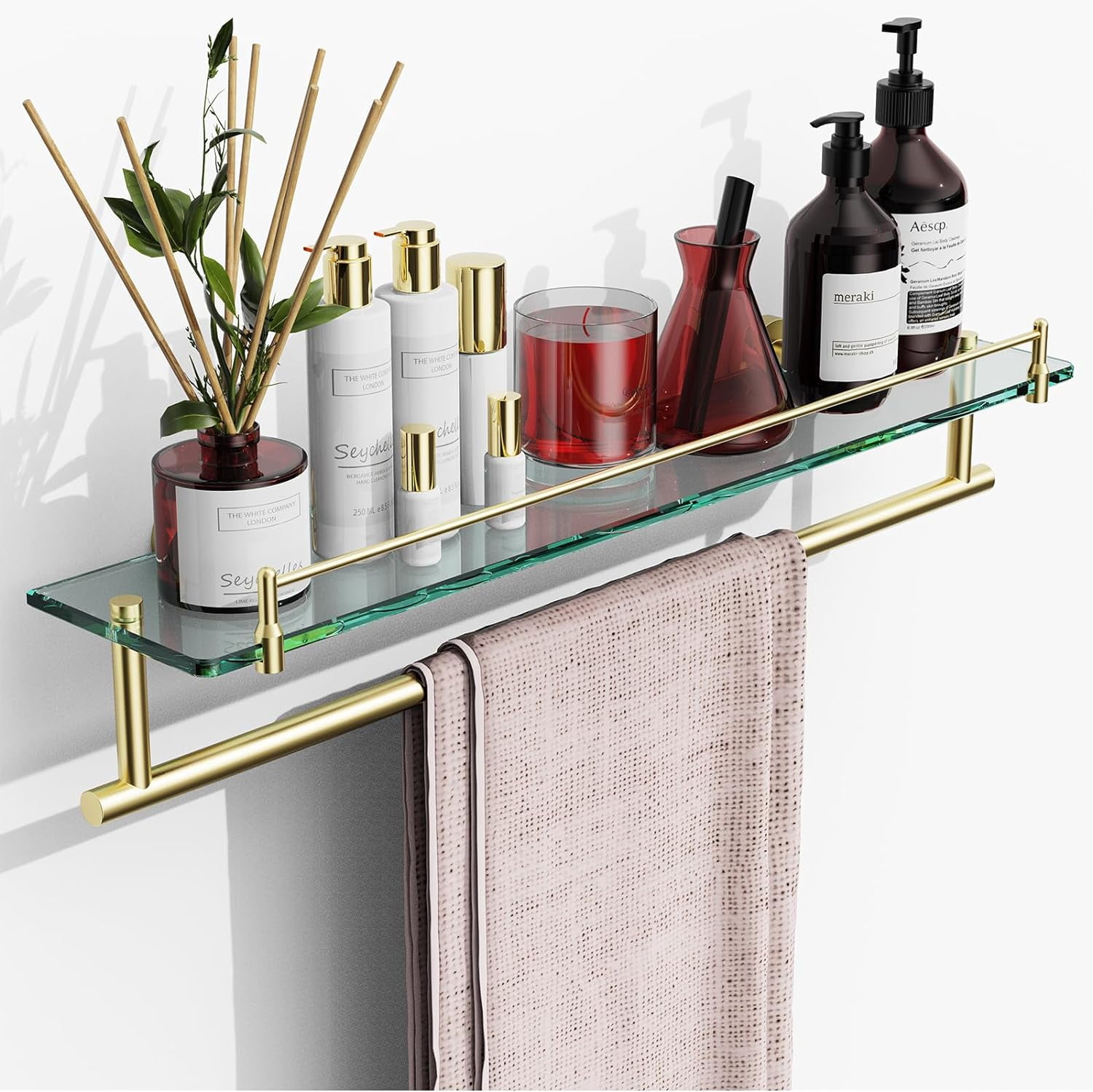vhibuon Glass Shelf for Bathroom with Towel Bar 20-Inch Brushed Gold ...