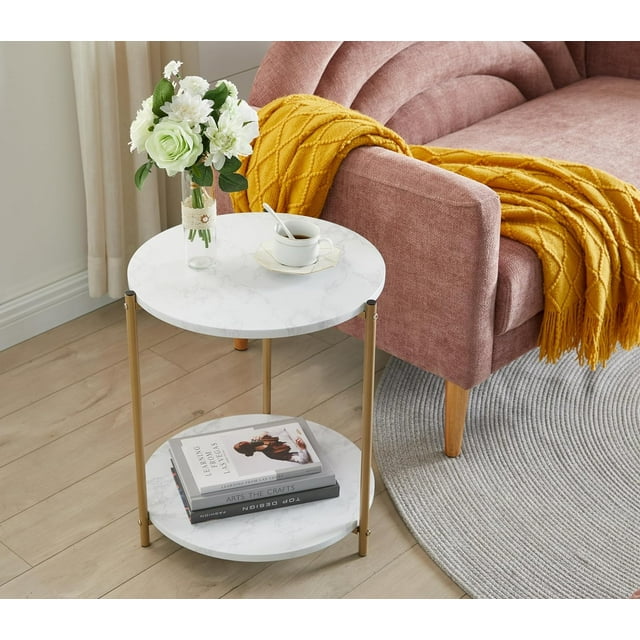 vhibuon - Side End Table with Black Faux Marble Storage Shelves &amp; Gold Metal Frame  Nightstand for Bedroom  Living Room  or Modern Accent Table