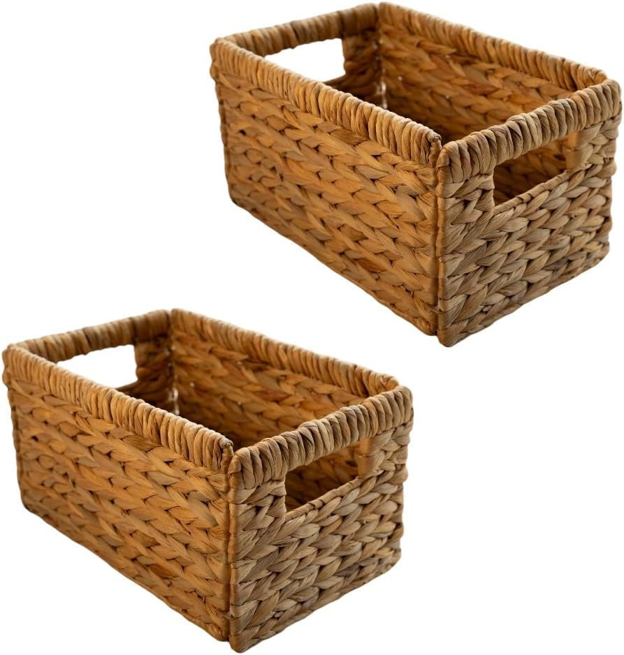 Wicker Storage Baskets 2-Pack, Handwoven Water Hyacinth With Handles | Medium Rectangle Basket For Shelf, Pantry, Toy Organization