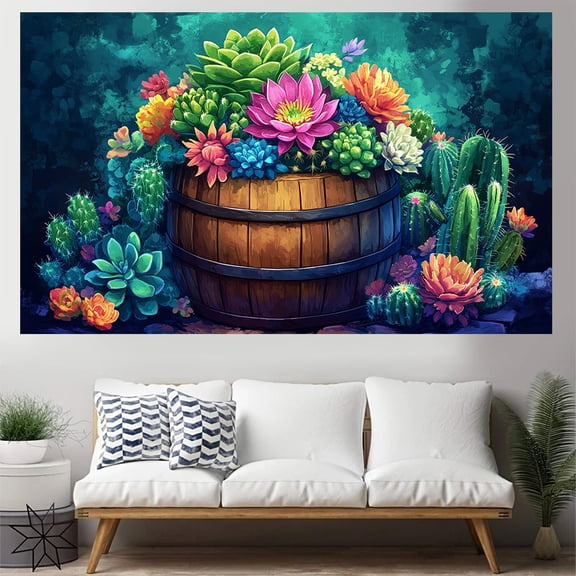 A vibrant tapestry featuring a barrel cactus succulent motif, made of polyester fabric; easy to hang and suitable for decorating dormitories, bedrooms, parties, and outdoor spaces.