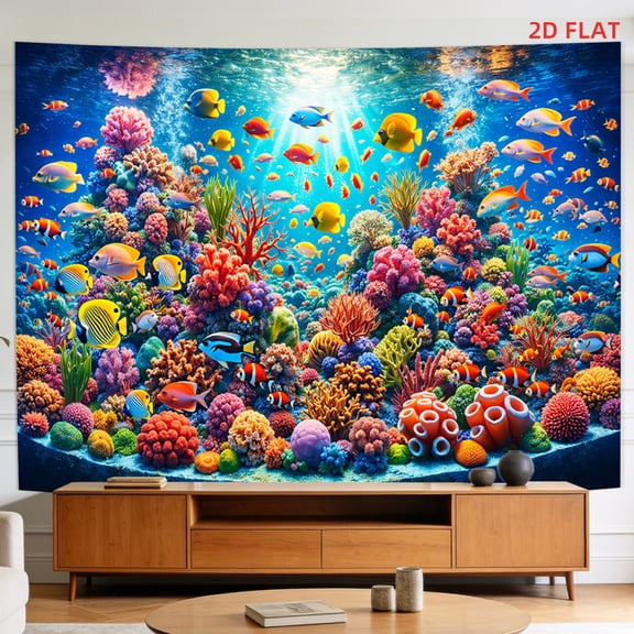 A vibrant underwater scene featuring schools of fish, coral reefs, and sunlightan ideal wall decoration for living rooms, meditation spaces, offices, and parties.