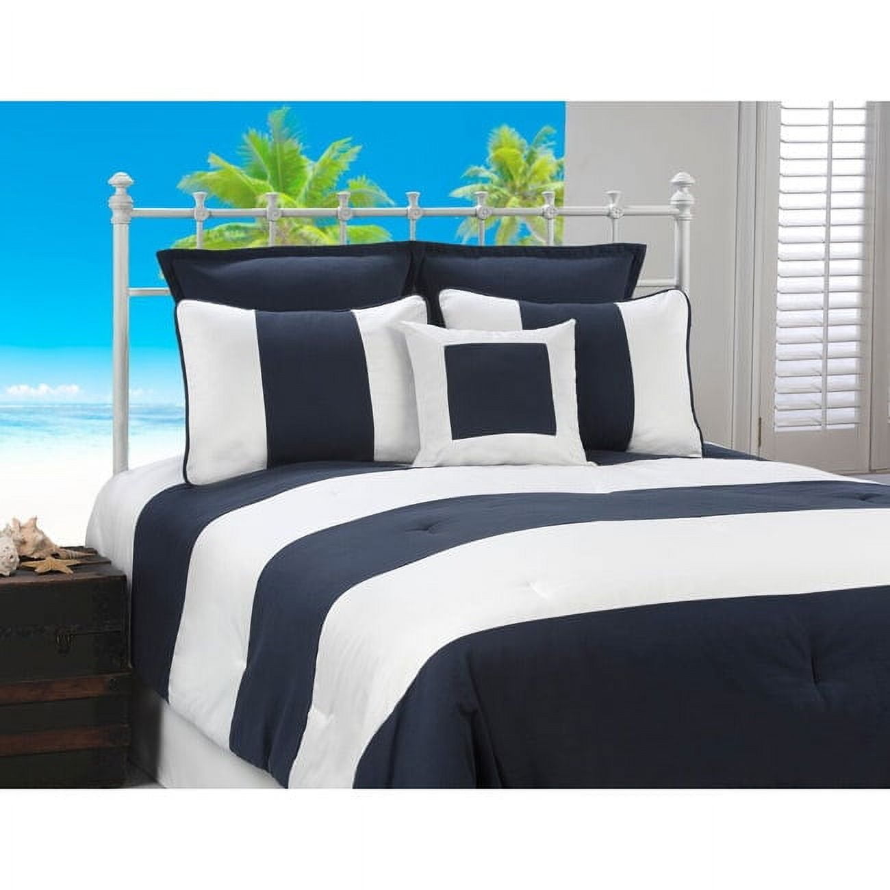 Navy and White Striped Queen Comforter Set with Decorative Pillow