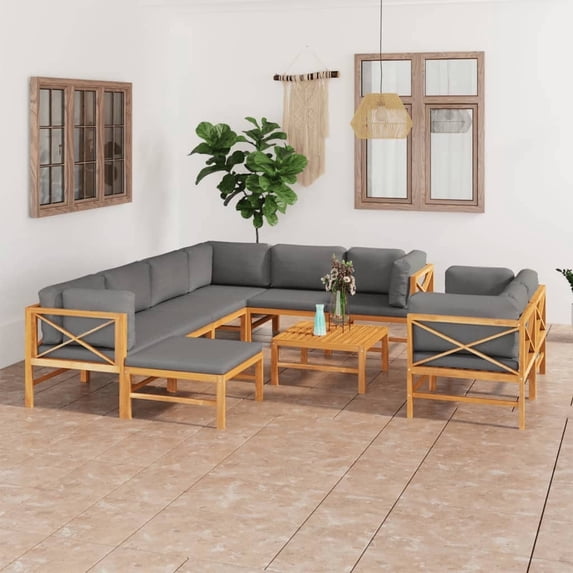 vidaXL 10 Piece Patio Lounge Set with Gray Cushions Solid Teak Wood