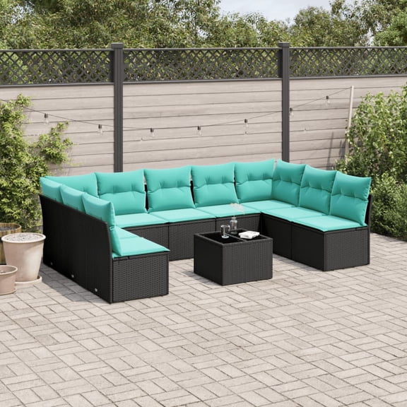 vidaXL 10 Piece Patio Sofa Set with Cushions Black Poly Rattan