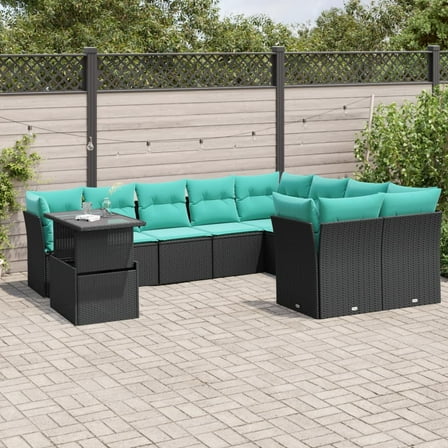 vidaXL 10 Piece Patio Sofa Set with Cushions Black Poly Rattan