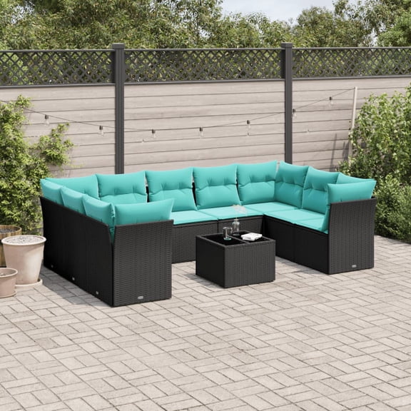 vidaXL 10 Piece Patio Sofa Set with Cushions Black Poly Rattan