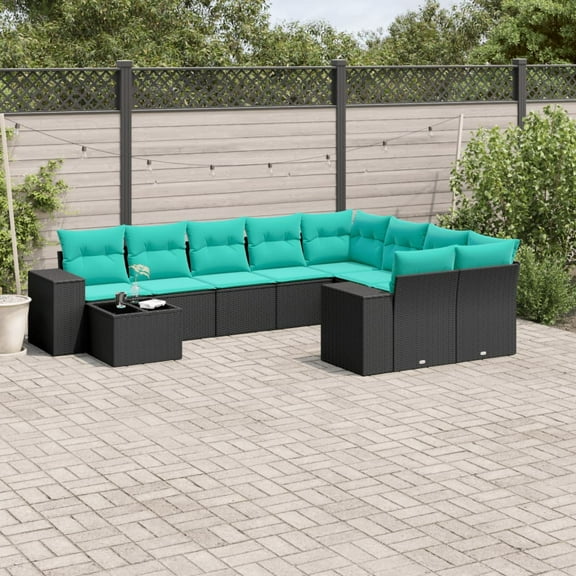 vidaXL 10 Piece Patio Sofa Set with Cushions Black Poly Rattan