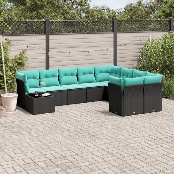 vidaXL 10 Piece Patio Sofa Set with Cushions Black Poly Rattan