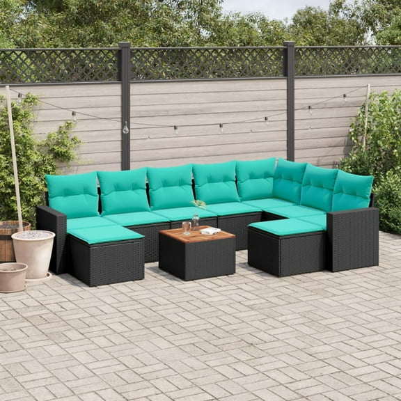 vidaXL 10 Piece Patio Sofa Set with Cushions Black Poly Rattan
