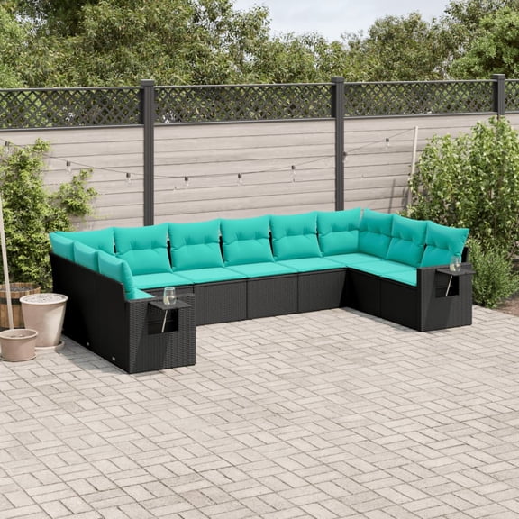 vidaXL 10 Piece Patio Sofa Set with Cushions Black Poly Rattan