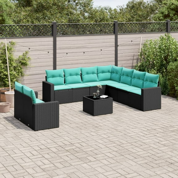 vidaXL 10 Piece Patio Sofa Set with Cushions Black Poly Rattan
