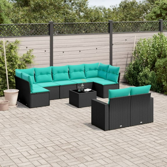 vidaXL 10 Piece Patio Sofa Set with Cushions Black Poly Rattan