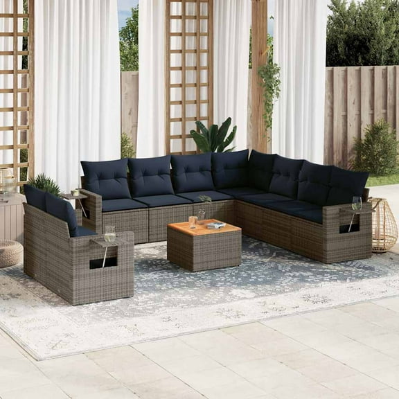 vidaXL 10 Piece Patio Sofa Set with Cushions Gray Poly Rattan