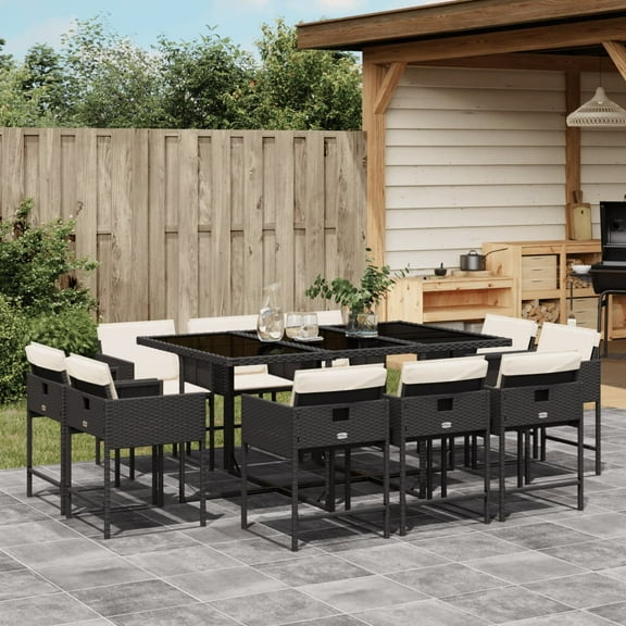 vidaXL 11 Piece Patio Dining Set with Cushions Black Poly Rattan