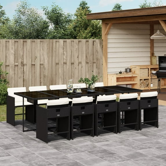vidaXL 11 Piece Patio Dining Set with Cushions Black Poly Rattan