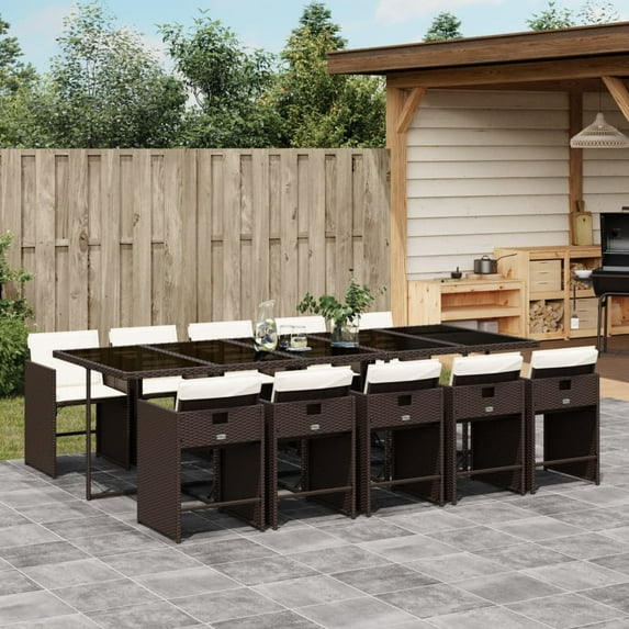vidaXL 11 Piece Patio Dining Set with Cushions Brown Poly Rattan