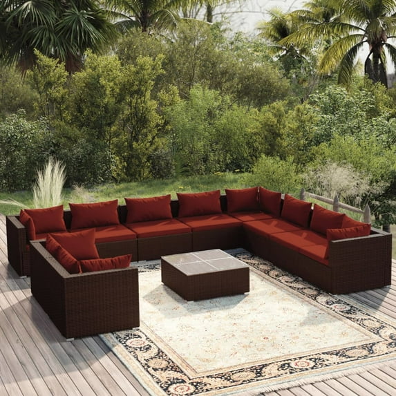 vidaXL 11 Piece Patio Lounge Set with Cushions Brown Poly Rattan, 3102523