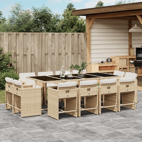 vidaXL 13 Piece Patio Dining Set with Cushions Beige Poly Rattan