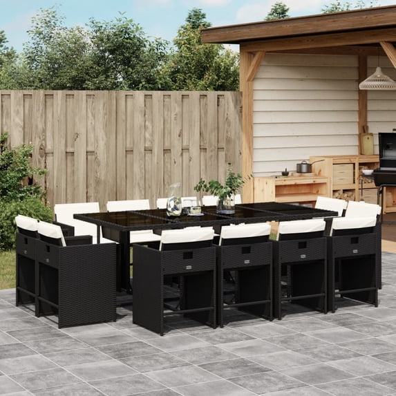 vidaXL 13 Piece Patio Dining Set with Cushions Black Poly Rattan