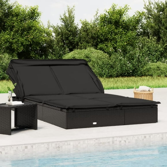 vidaXL 2-Person Sunbed with Foldable Roof Outdoor Patio Daybed Poly Rattan