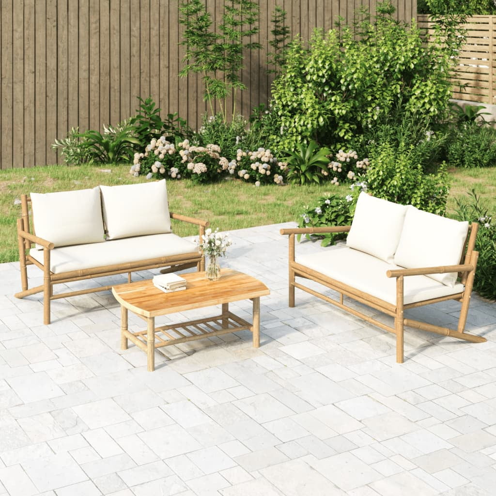 Cream White Bamboo 2-Piece Patio Lounge Set with Cushions